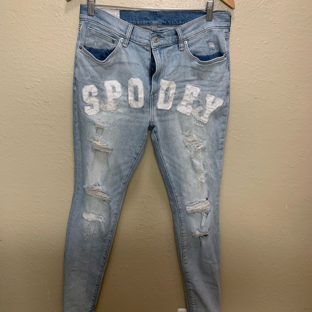 H&M Light Blue Skinny Jeans with White Lettering